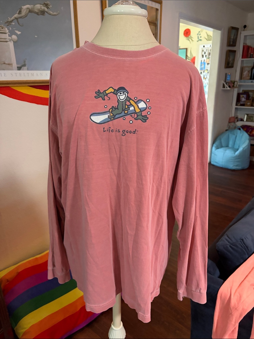 Life Is Good Rose Pink Long Sleeve Tee with Snowboarder Graphic